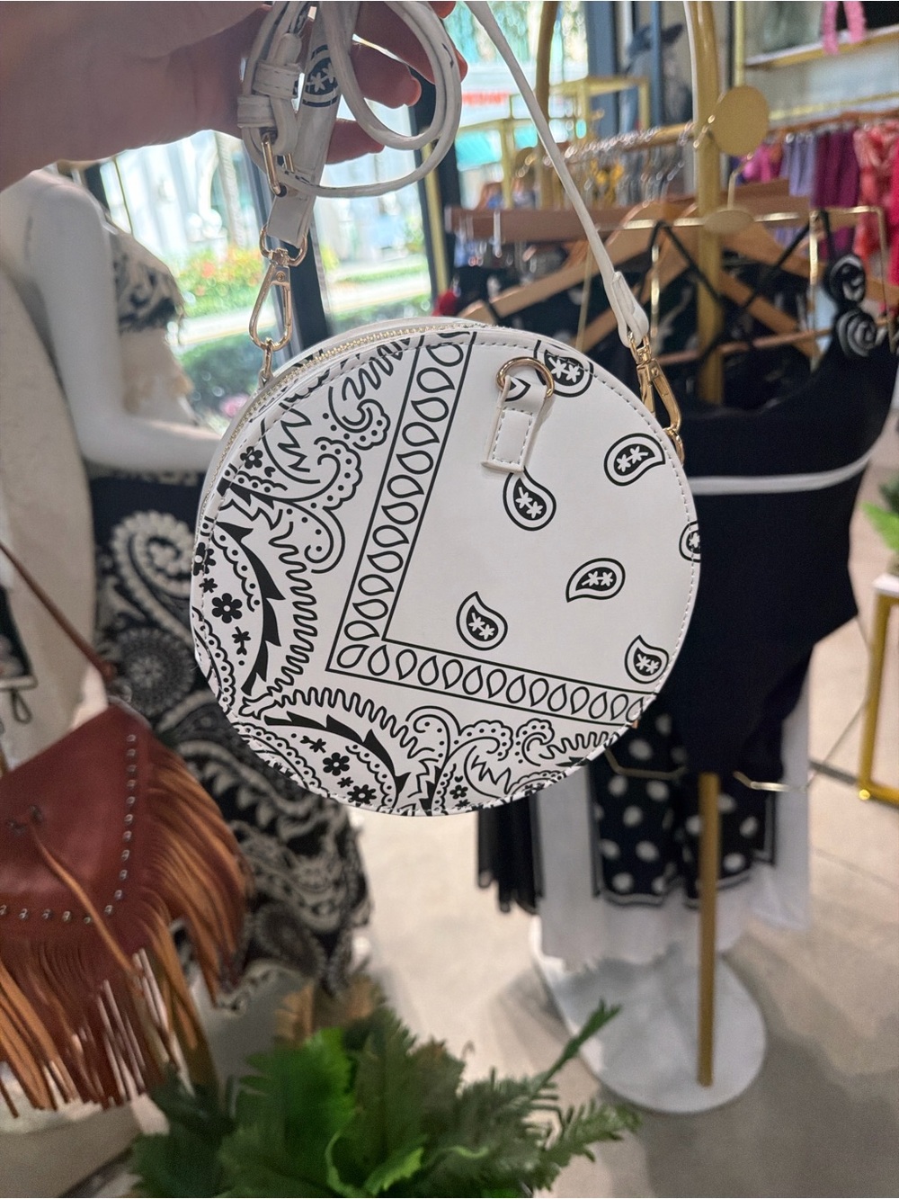 Round White Bandana Print Crossbody Bag